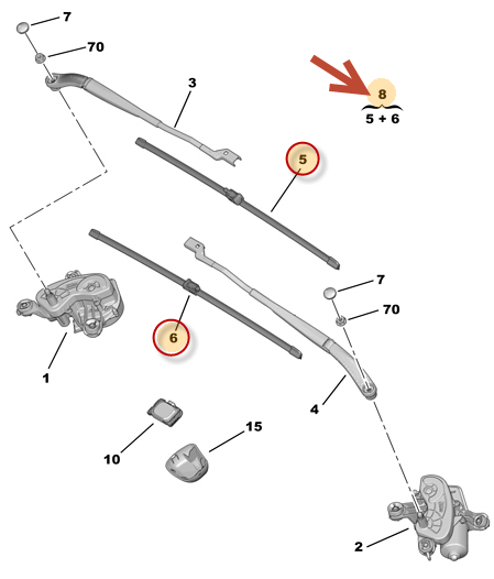 Viskerbladssæt for 650/650mm PEUGEOT 208 I (CA, CC) 1.2 VTi 68 / PureTech 68 HMP (EB2FB)