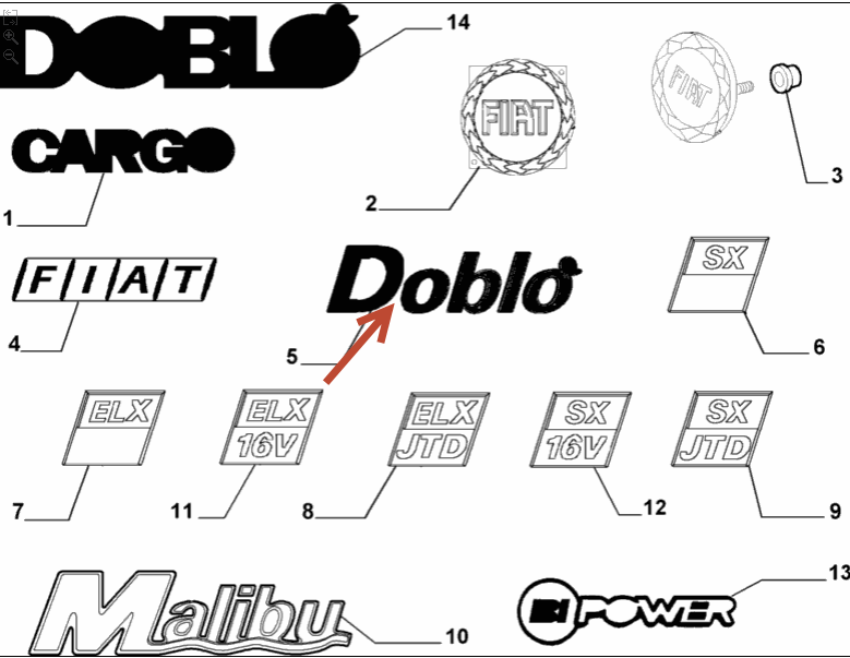 Emblem på bagklap Doblo FIAT DOBLO Kassevogn / MPV (223) 1.2 (223ZXA1A) 223 A5.000